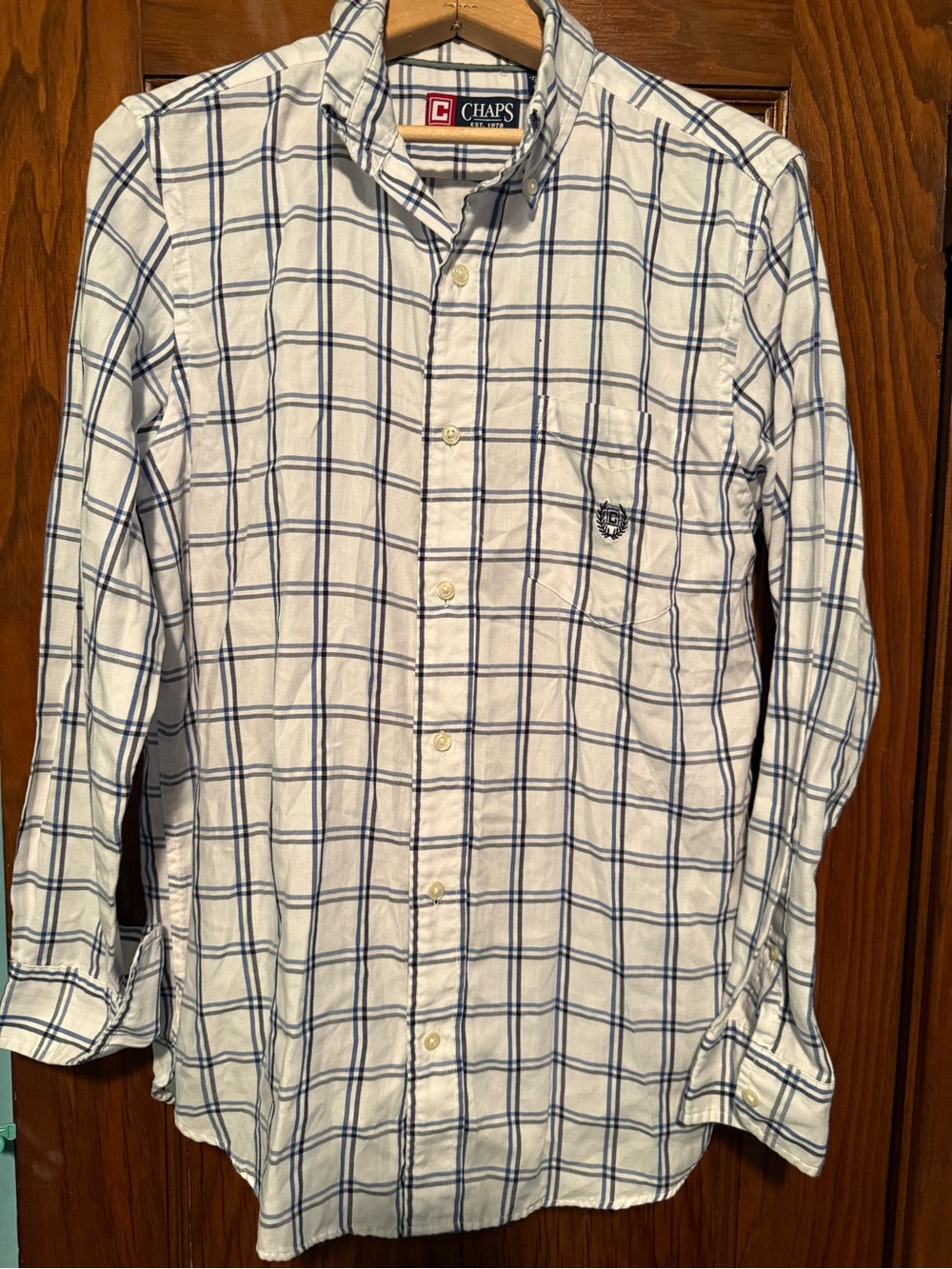 Chaps Men's White and Navy Windowpane Button-Down Shirt